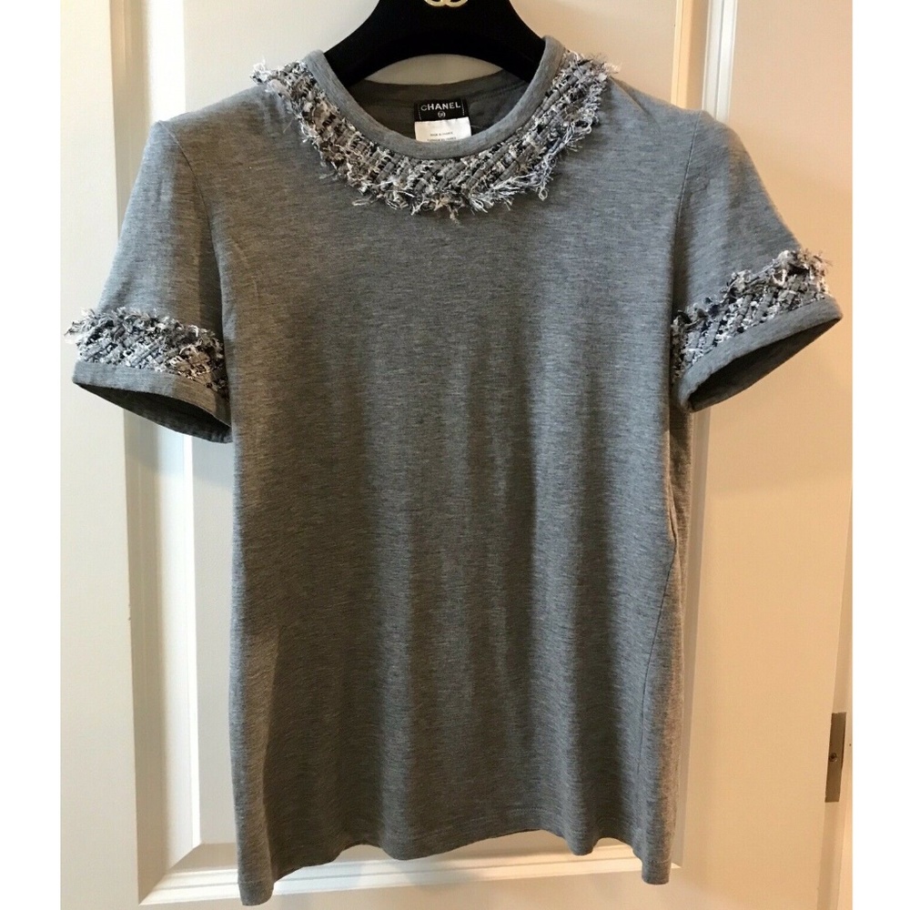 NWT CHANEL LESAGE GRAY FRINGE TWEED TOP SHIRT